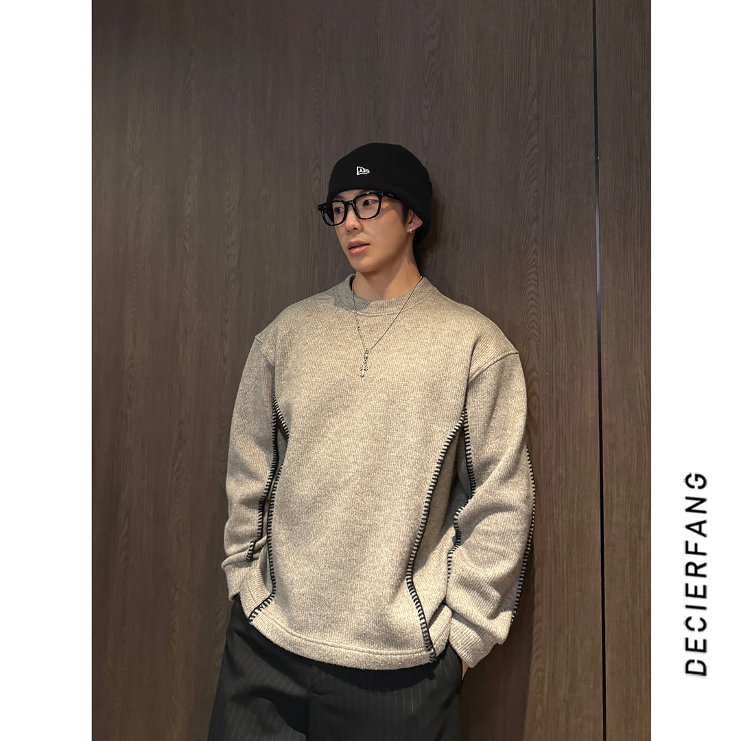 定制撞色羊毛混纺编织花边加绒男士卫衣冬季上衣潮流圆领套头上衣