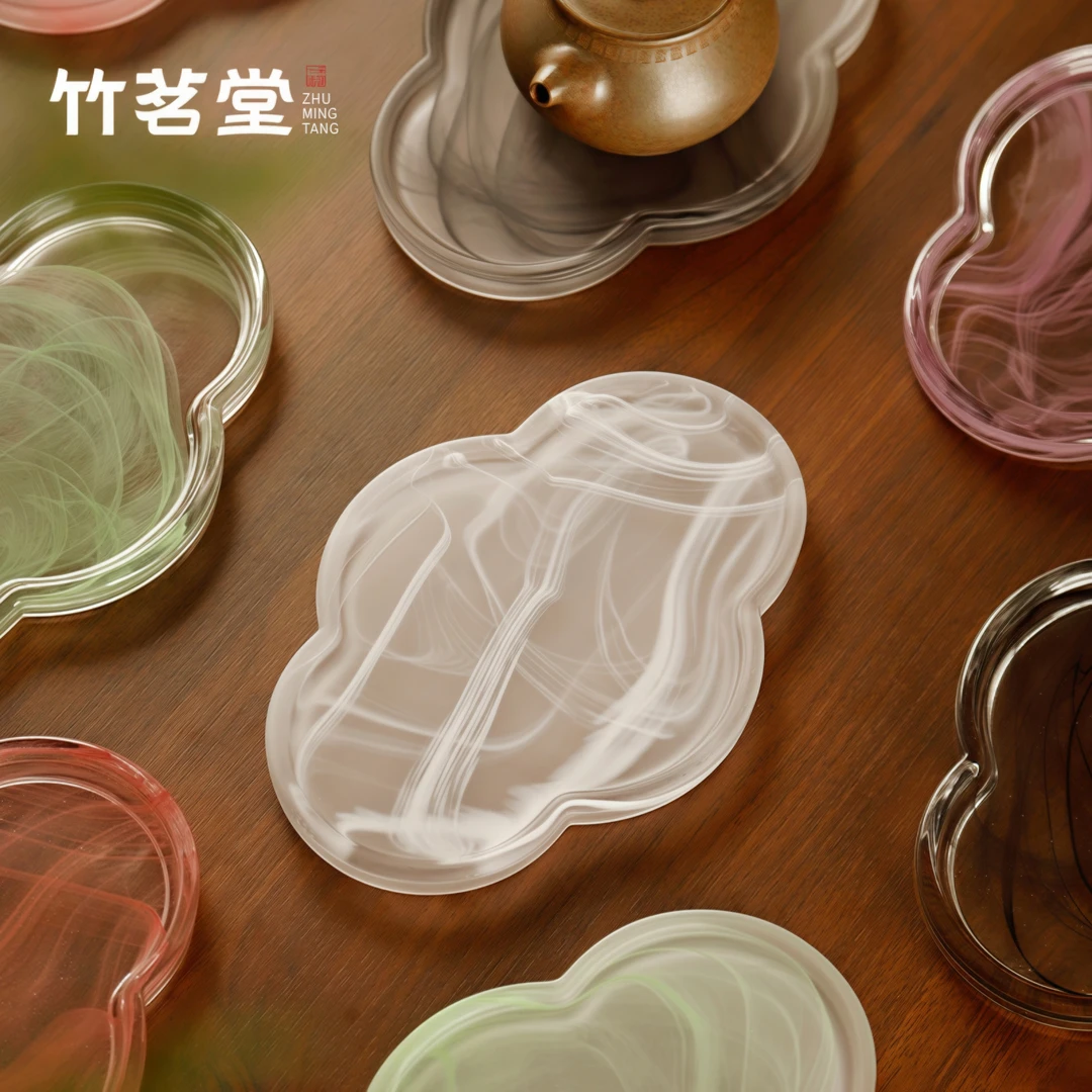 琉璃海棠壶承干泡盘磨砂透明水墨茶台中式简约玻璃茶托盘功夫茶具