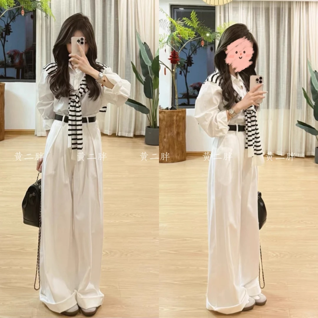 2025春季新款白色长袖衬衫高级感轻奢减龄洋气休闲阔腿裤两件套装