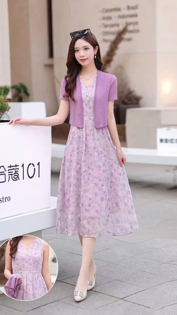 夏季新款透气提花中长款国风收腰连衣裙