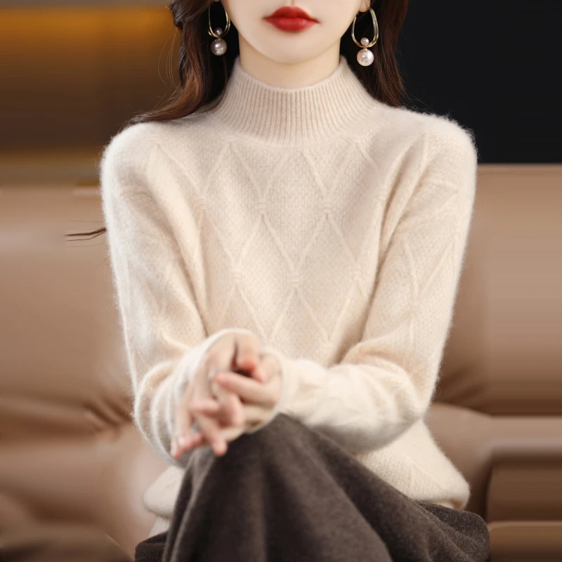 重磅加厚~半高领纯羊绒衫女套头针织打底衫内搭保暖菱形针织毛衣