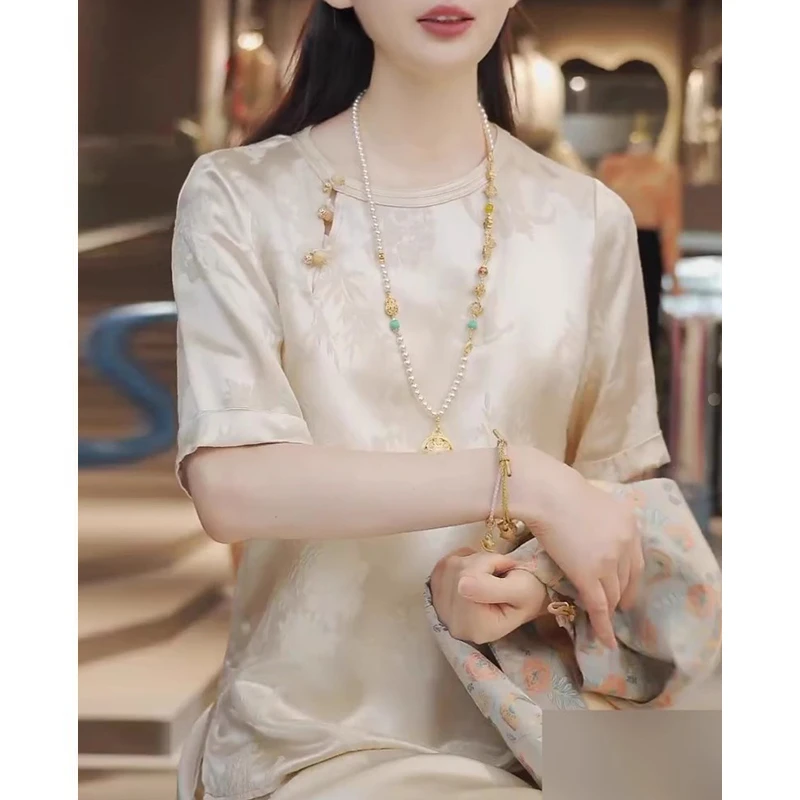 国风复古提花套头圆领短袖T恤女春季新款妈妈装洋气百搭减龄衬衫