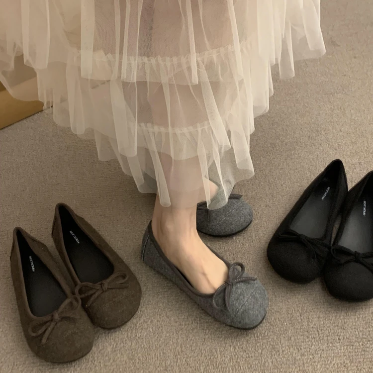 灰色平底单鞋浅口女鞋子2025年春秋新款圆头蝴蝶结芭蕾舞鞋晚晚鞋