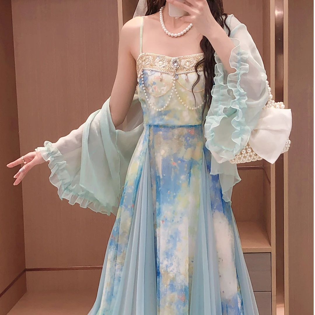 艾日秀法式优雅晕染印花气质海边度假风吊带连衣裙开衫套装 E9743