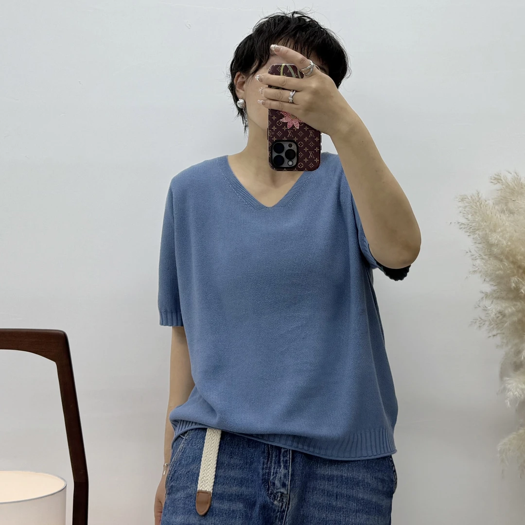 春季新款纯色V领针织衫女短袖净版百搭显瘦时尚气质薄款半袖上衣