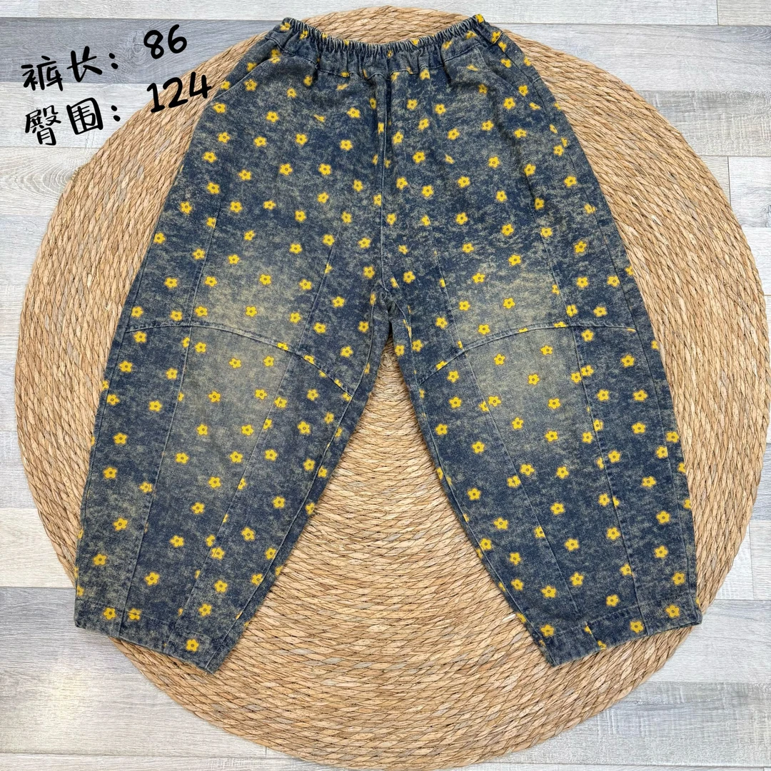 花花推荐复古做旧小黄花牛仔裤