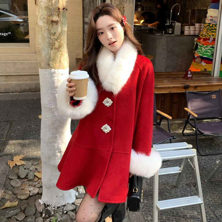 红色新年战袍秋冬狐狸毛羊毛双面呢大衣女小个子新娘结婚毛呢外套