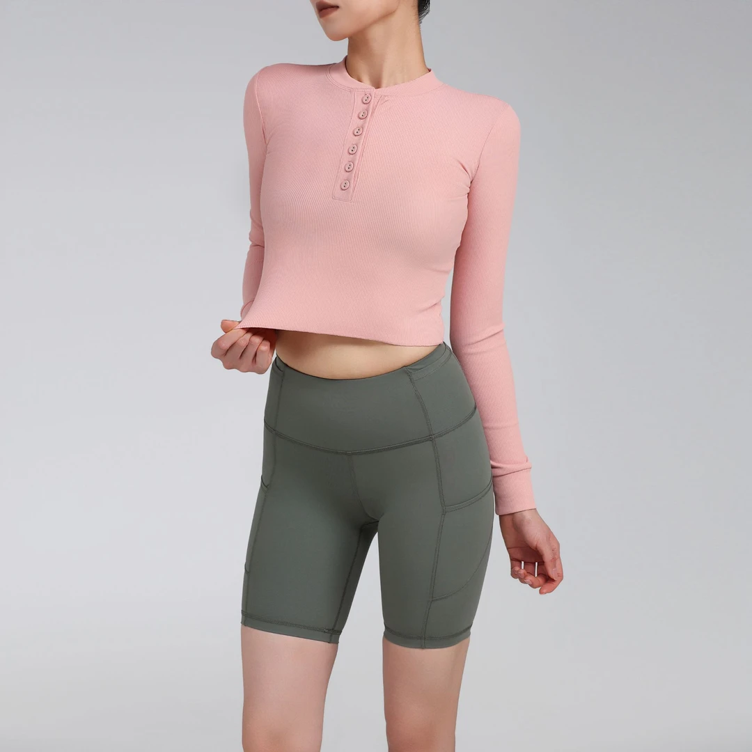 素桐女士春夏季亨利时尚长袖T恤运动款速干欧美风T短款修身显瘦