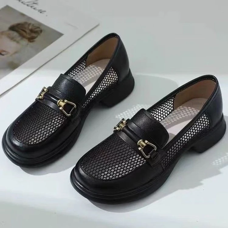 网纱女鞋2025春夏季新款透气镂空乐福鞋休闲一脚蹬平底网面小皮鞋