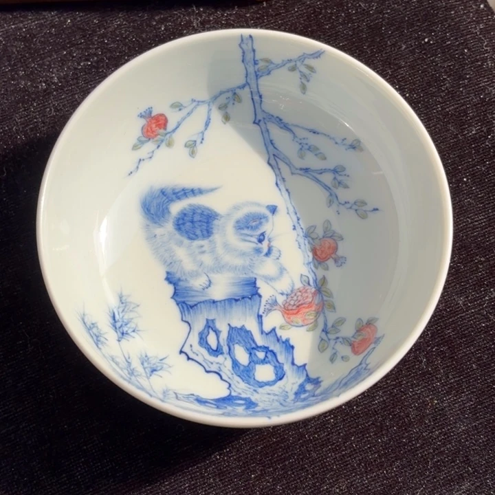 没***兴手绘青花小猫普尔杯