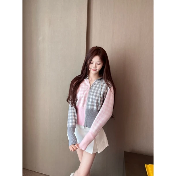 【SALE服饰】学院风女装秋季毛针织衫时尚长袖针织长袖复古格子