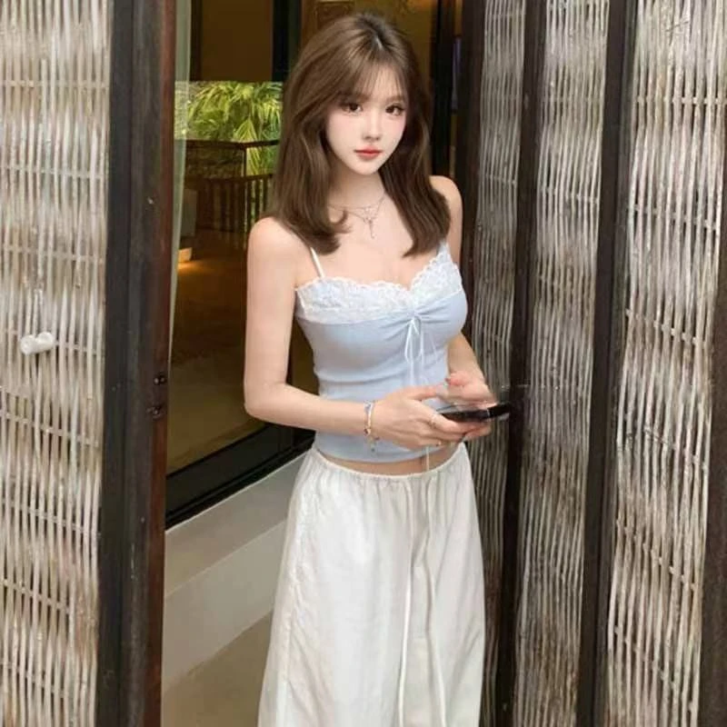 夏季心动蕾丝花边拼接显瘦背心吊带女纯欲辣妹带胸垫夏季