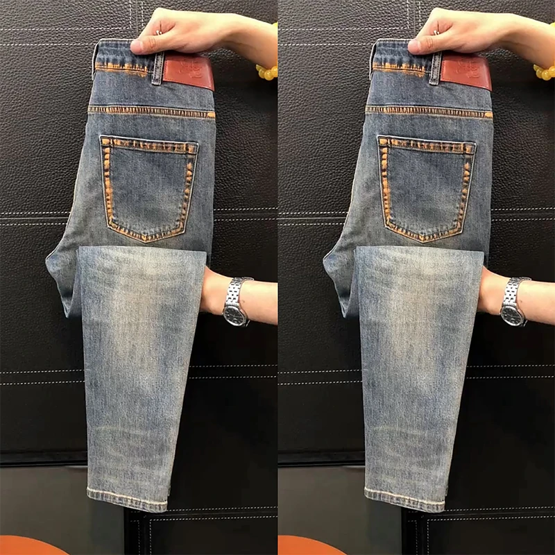 欧货高品质水洗蓝色牛仔裤男士春夏新款商务潮流百搭修身弹力长裤