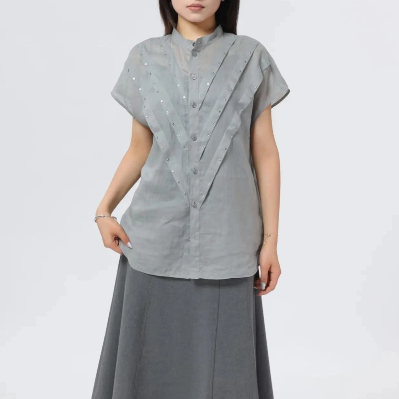 阿玛施夏季新款女简约舒适新中式质感烫钻苎麻宽松显瘦衬衫530031