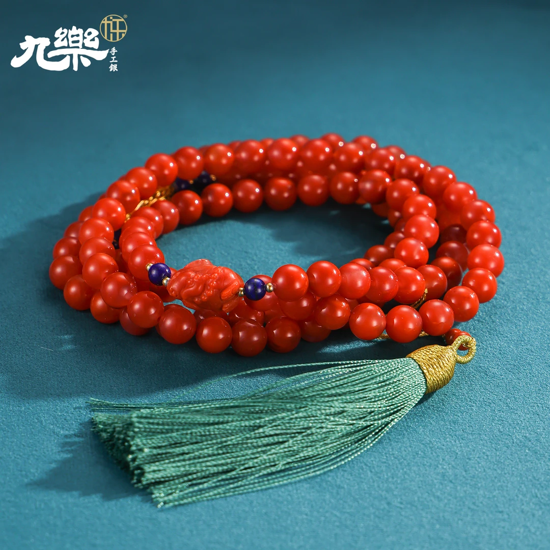 九乐8mm南红108颗佛珠兔子流苏手串（H）