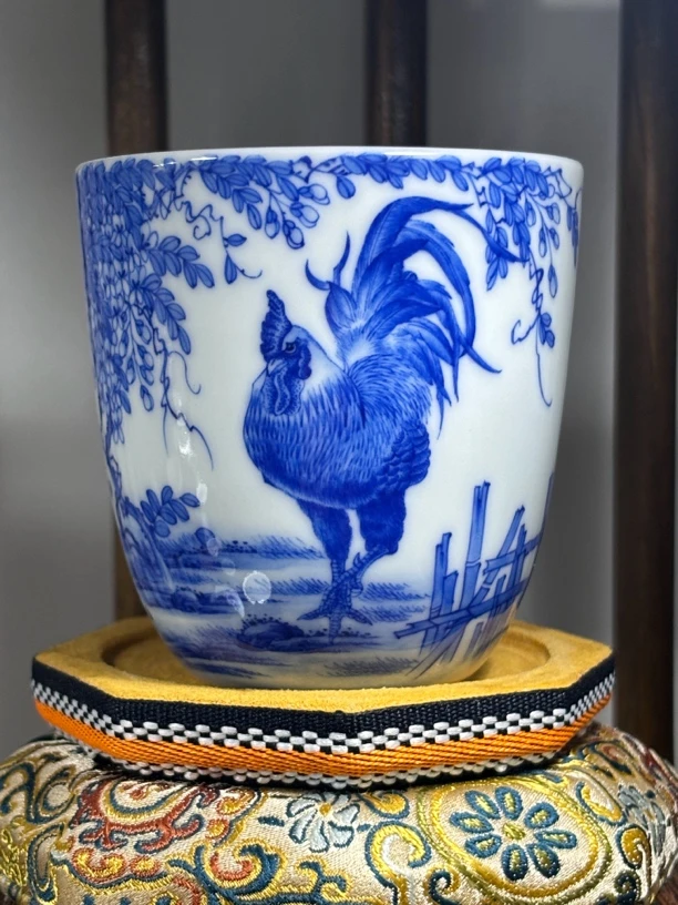 至善方远青花手绘金鸡纳福主人杯