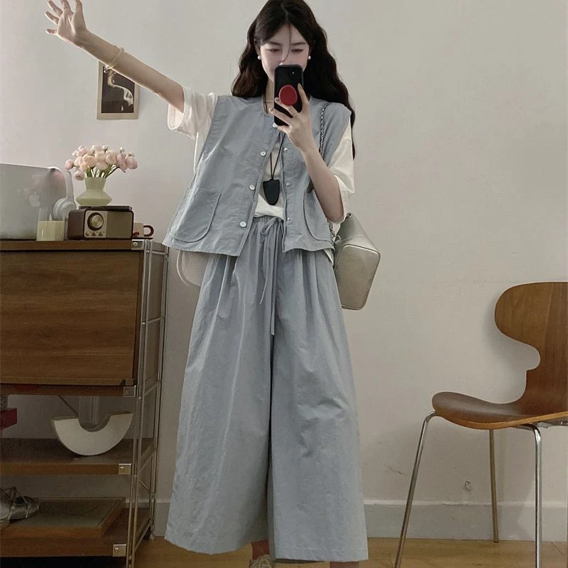 胖颖专属大码夏季新款无袖叠穿马甲+裤裙+内搭三件套8652