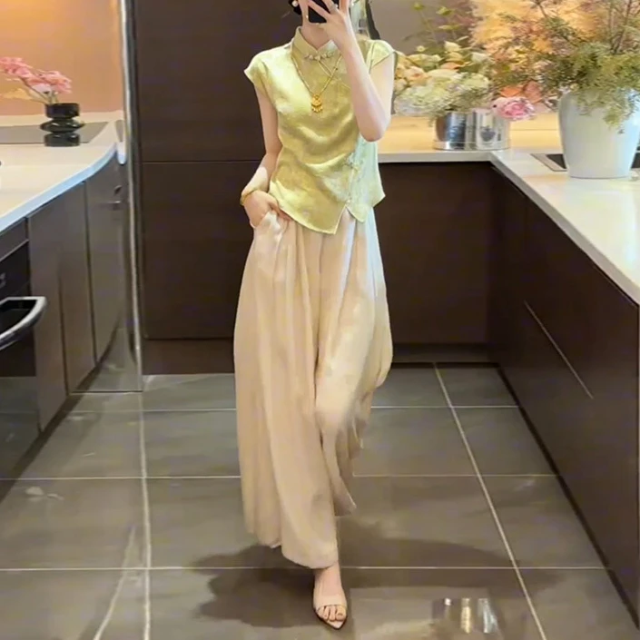 新中式气质无袖套装女夏季轻奢气质立领盘扣上衣高腰阔腿裤两件套