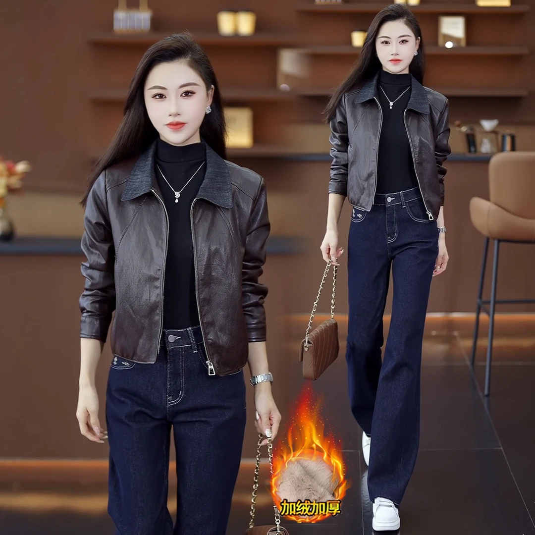 时尚洋气加绒短款皮衣外套女2025秋冬新款时髦加厚保暖PU皮夹克潮