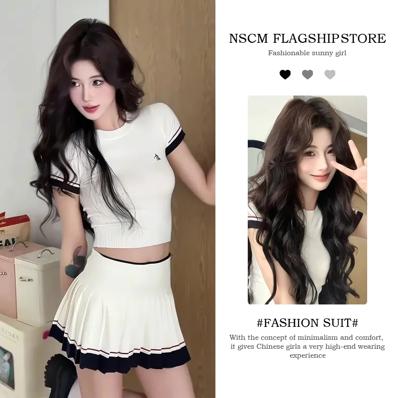 NSCM韩系学院风针织短袖上衣女拼色线条感夏季显瘦a字针织百褶裙