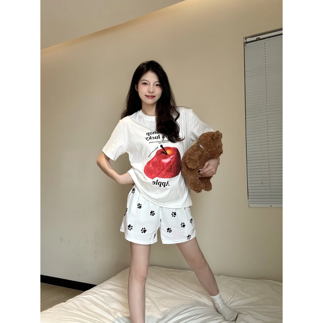 红苹果字母创意印花棉短袖睡衣女夏季新款家居服短裤套装可外穿