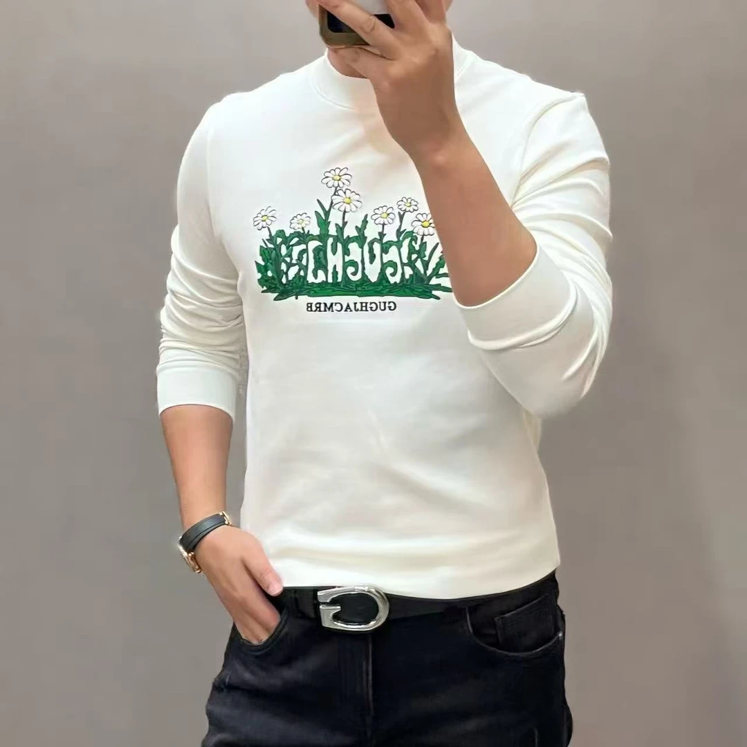 新款高端男士时尚休闲小雏菊图案圆领长袖T恤8010