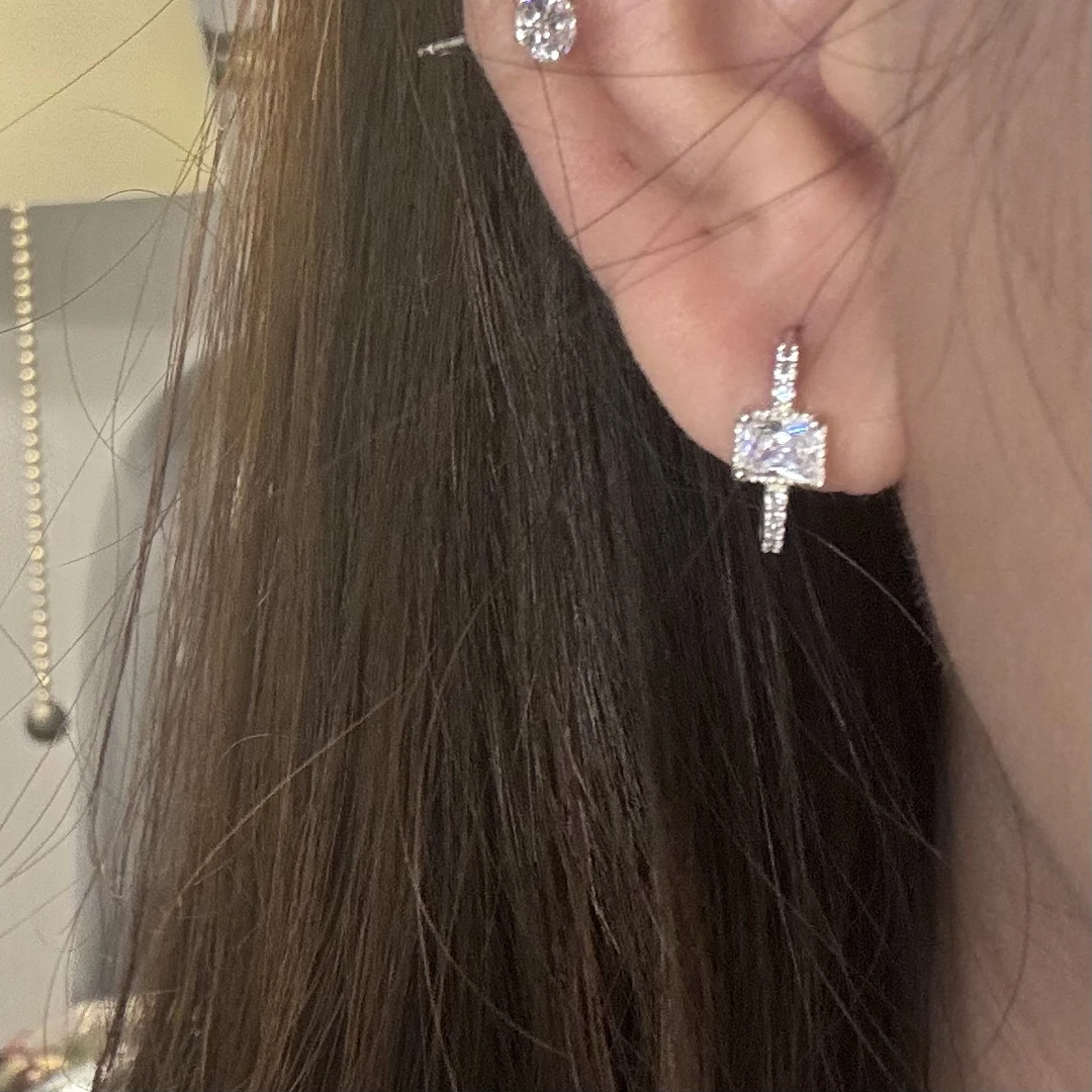 925银合成锆石耳饰 韩国 通体s925银 方钻耳圈耳环