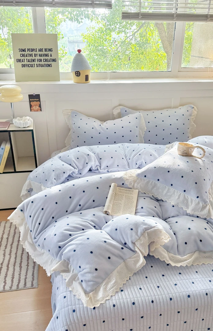 冬季高克重保暖双面印花牛奶绒花边床盖四件套小清新花边款可机洗