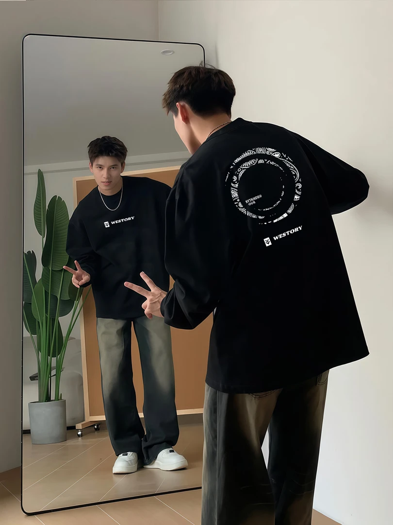 【重磅纯棉】秋季新款潮流圆领宽松长袖美式休闲复古印花韩版T恤男