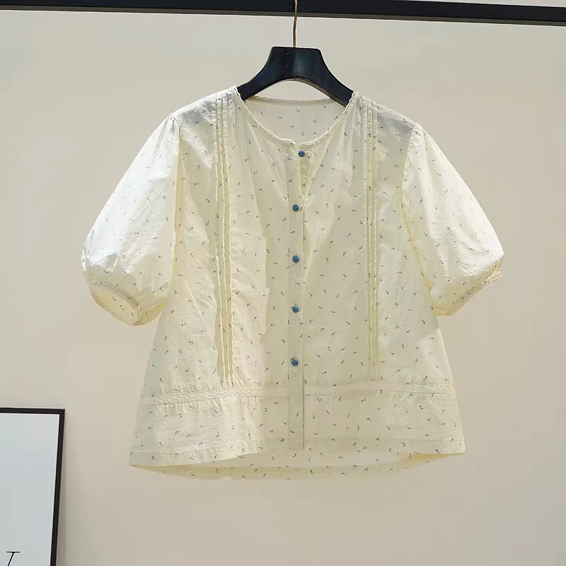 圆领泡泡袖小碎花棉衬衫女腰部拼镂空宽松衬衣2025夏季小清新上衣