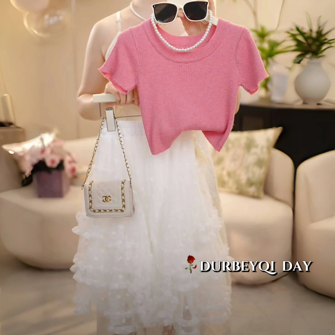 女童2025夏季新款纯色短袖油画风公主裙套装5328