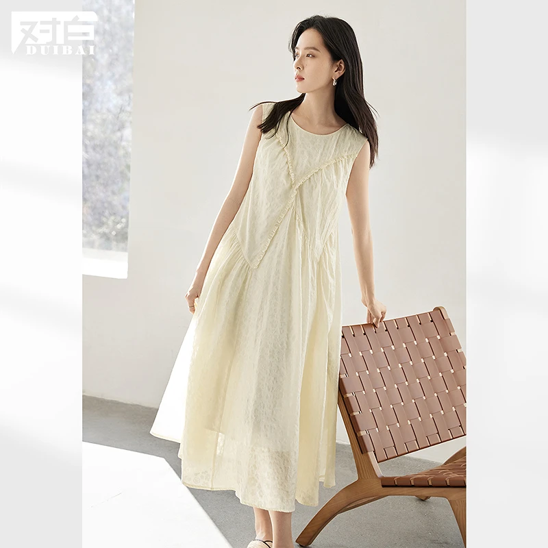 D01对白度假风暗纹花朵无袖连衣裙女A字背心裙FDQ041