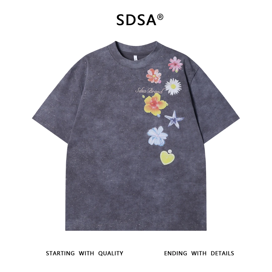 夏季高级感新款男士潮牌洒金花卉字母印花圆领短袖T恤百搭时候