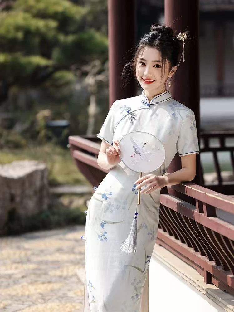 0600 蓝色 一字花扣【君子】 兰花优雅 旗袍