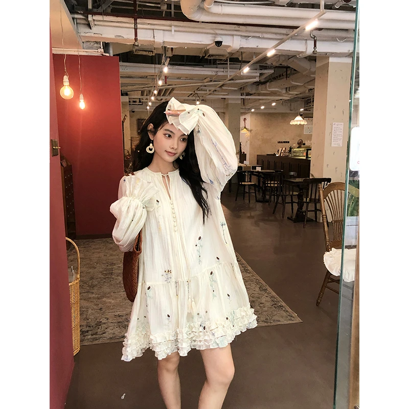 任小艺 4/11新品 重磅进口机刺绣木耳边花朵a字娃娃连衣裙女