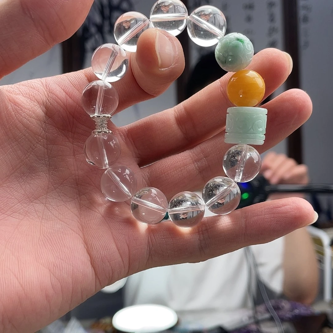 烟晶手链未镶嵌白水，翡翠13+