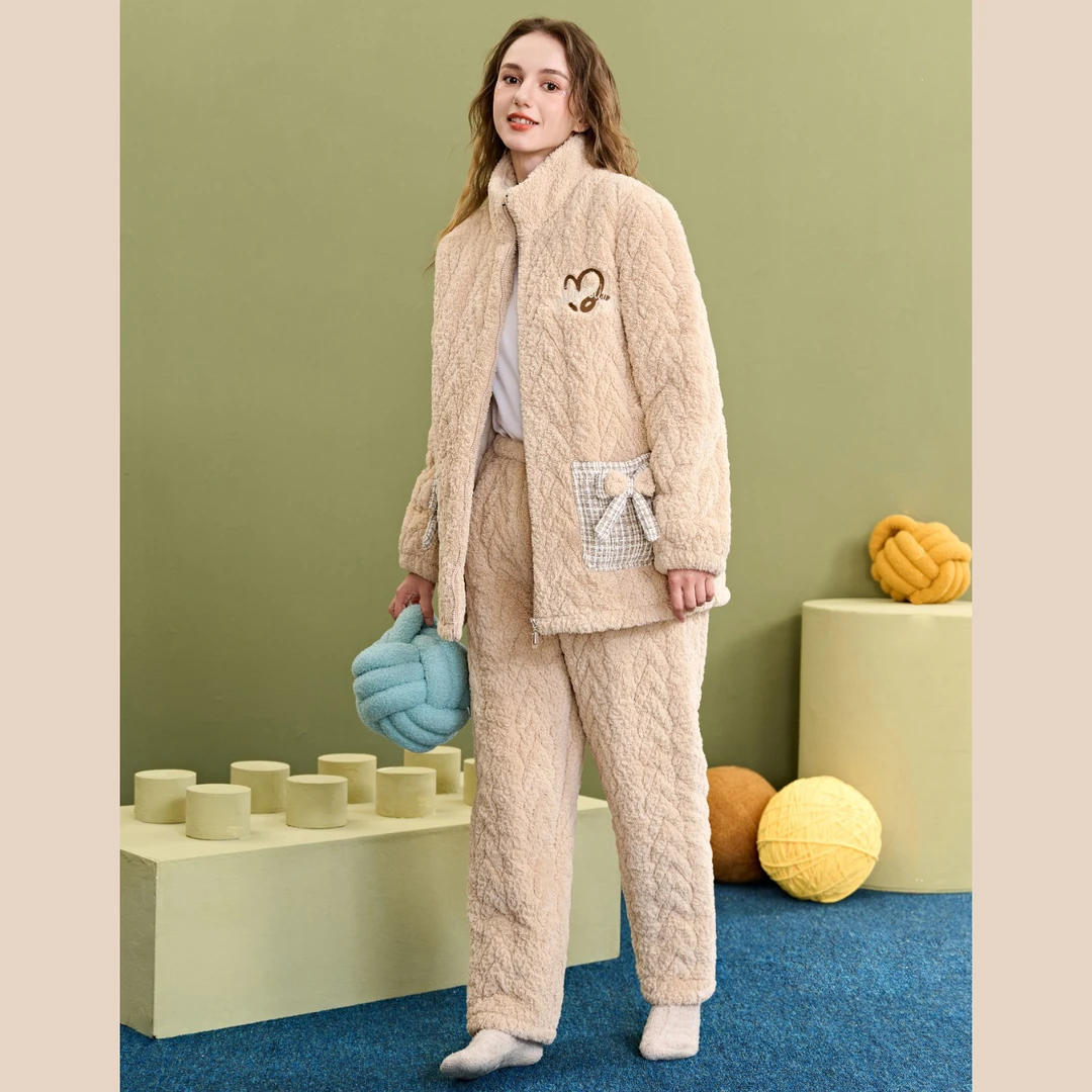 韩琦路厚款甜美三层夹棉女士睡衣棉衣玉狐绒冬季可外穿立领家居服