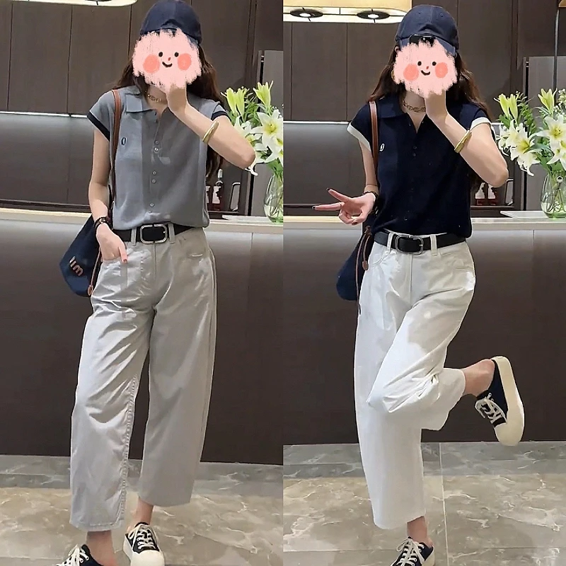 针织短袖套装气质洋气时尚休闲夏季上衣裤子显瘦阔腿减龄宽松夏装