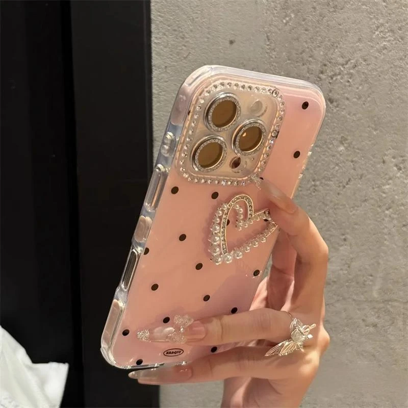 波点爱心珍珠适用苹果16promax手机壳iphone15pro闪钻镜头膜14p女