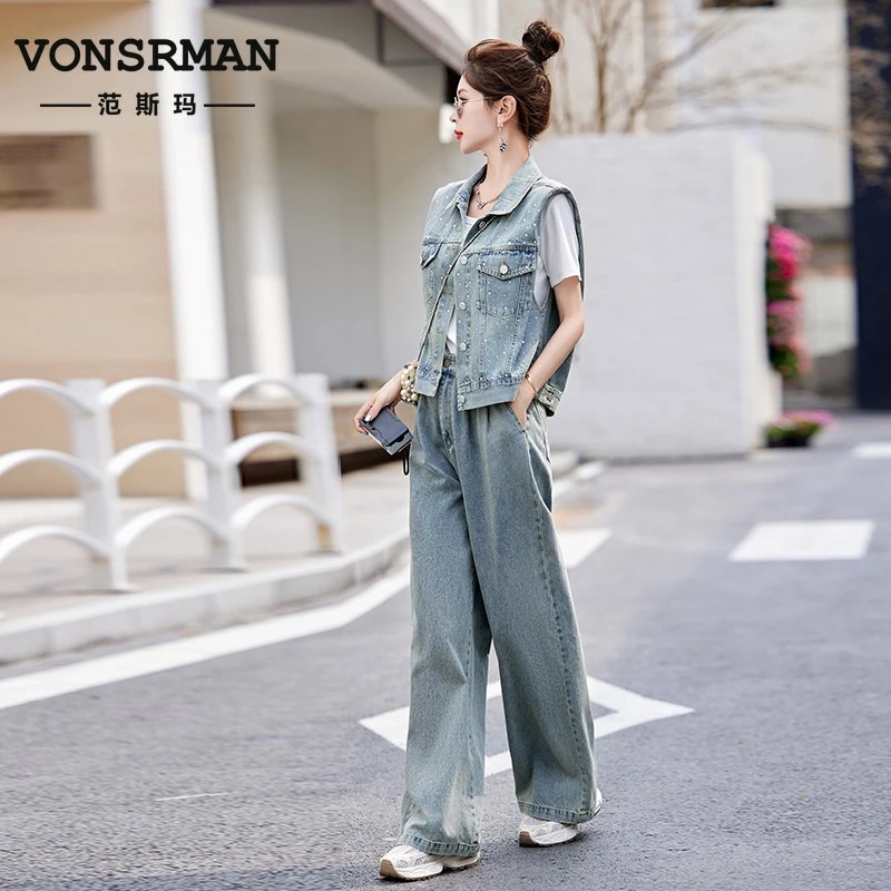 VONSRMAN港风休闲时尚牛仔套装女2025夏季新款chic短外套高腰阔腿