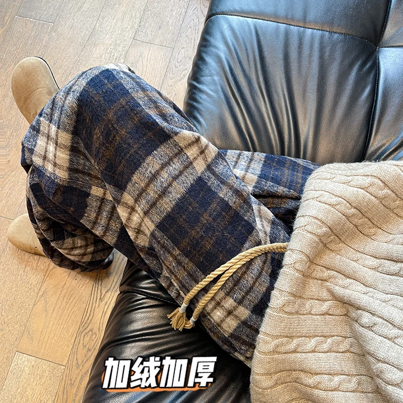 复古毛呢格子裤男生秋冬加绒加厚阔腿裤cleanfit宽松潮牌休闲长裤