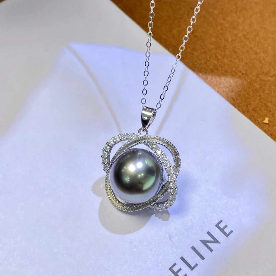 s925银银河系海水吊坠优雅百搭高级时尚11-12mm大溪地黑珍