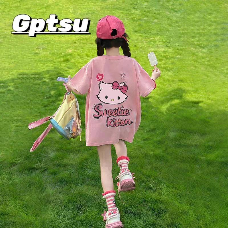 GPTSu女童短袖T恤2025夏季新款蝴蝶结小猫印花可爱女孩洋气上衣服