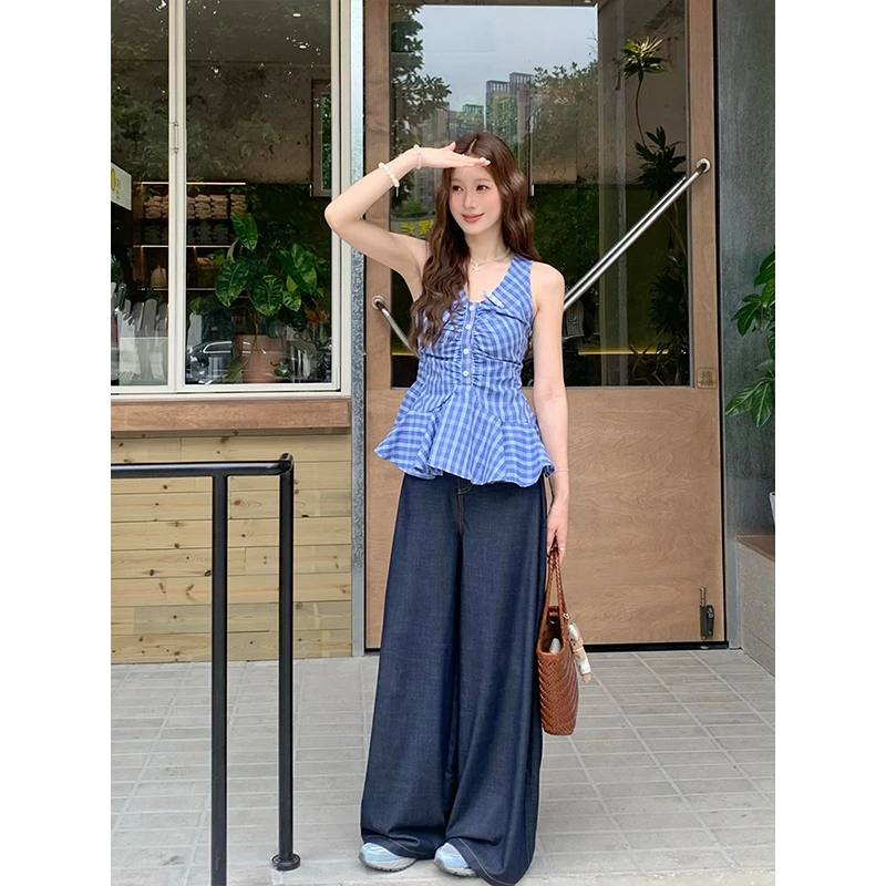 夏日绝美快速出门穿搭一整套女法式复古吊带宽松垂坠感阔腿裤套装
