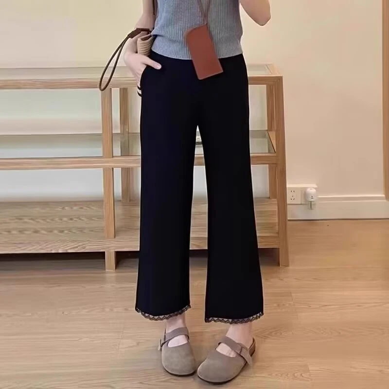 秋装新款显瘦十斤弹力~简约风显瘦藏肉直腿百搭蕾丝边小黑裤子