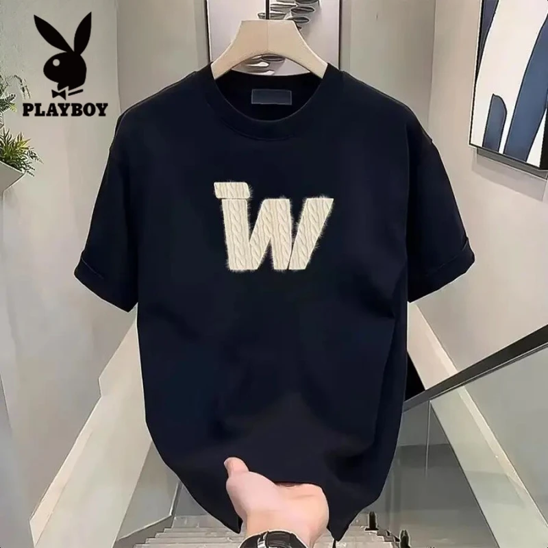 花花公子冰丝索罗娜短袖T恤男士夏季新款2025休闲时尚印花圆领T恤