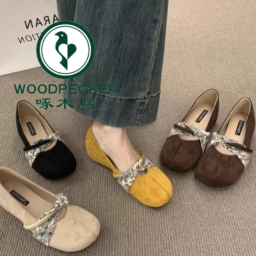 啄木鸟复古森系一字带分趾玛丽珍女鞋子百搭不累脚绒面芭蕾单鞋女