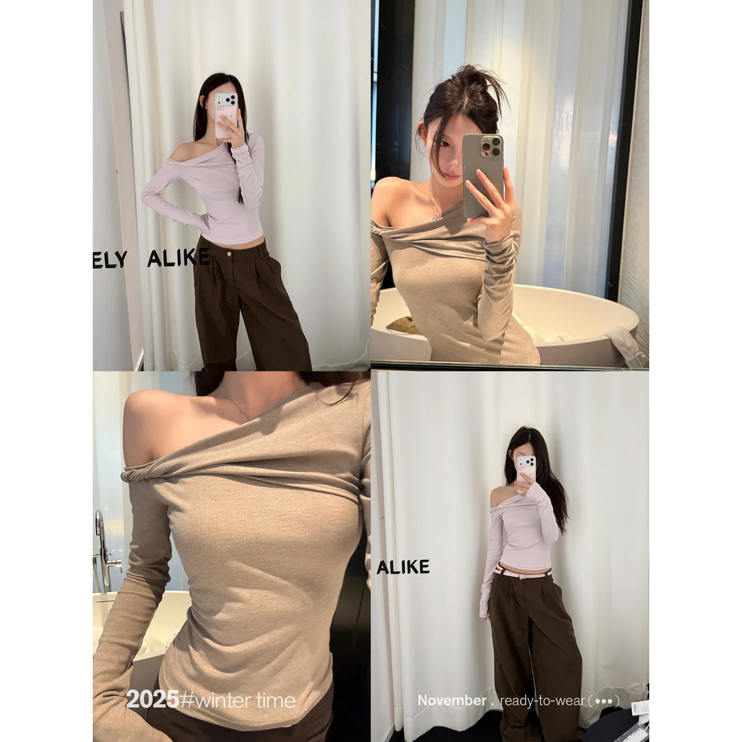 SUNONEONE 斜肩扭结长袖修身内搭打底T恤女秋冬韩系针织衫H1565C