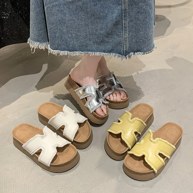 拖鞋女鞋外穿吸汗不粘脚软木轻盈松糕稻糠厚底勃肯一字拖跟高5CM