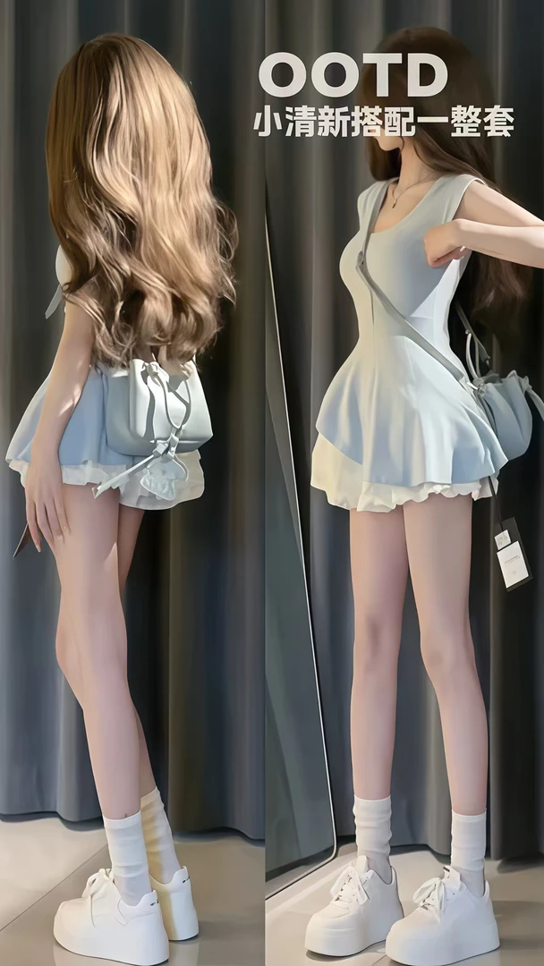 时尚百搭纯欲风露肩不规则收腰无袖系带上衣女温柔蓬蓬短裙两件套